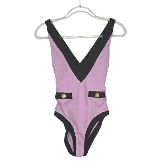 L'Agence Lisa Plunge Colorblock One Piece Swimsuit Light Violet Black Gold NEW - Picture 2 of 11